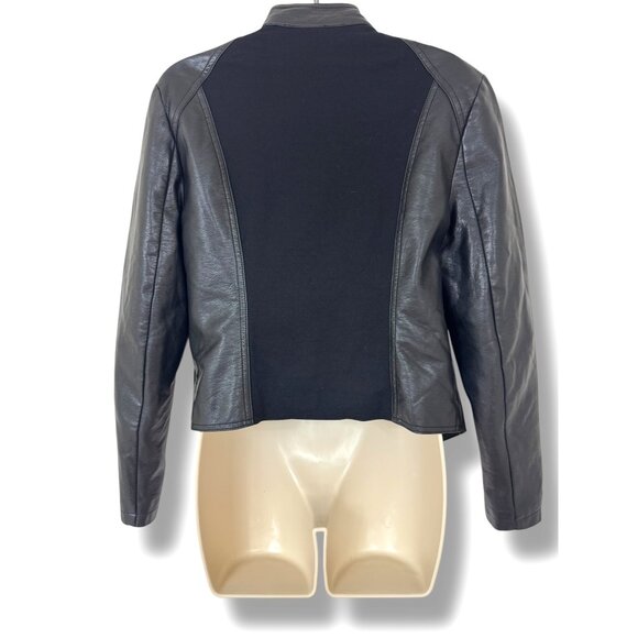INC Black Faux Leather‎ Moto Cascade Open Jacket Ponte Knit with Pockets Size M - Picture 4 of 7